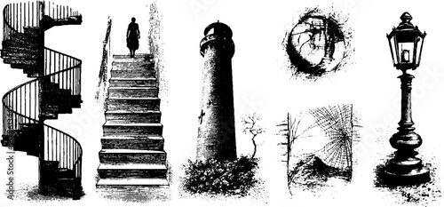 Eerie spiral staircase and lighthouse collection for vintage design projects