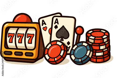 Casino gambling concept with iconic symbols. Slot machine with 777 jackpot, playing cards with aces, and poker chips. Vector cartoon illustration for gaming and betting design.