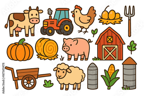 Farm animals and agriculture icon set. Cute cartoon vector collection with cow, pig, sheep, chicken, tractor, barn, pumpkin. Rural life doodle clip art illustration.