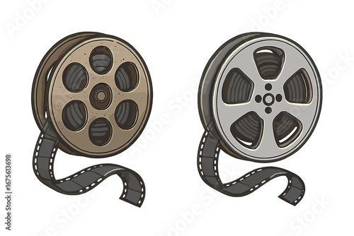 Vintage and modern film reel vector illustration. Retro and new cinema movie spool. Old vs new technology concept. Cinematography evolution. Hollywood tape cartoon design.