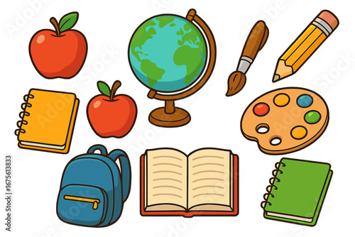 Set of school supplies and educational items. Back to school concept. Vector cartoon illustration with apple, globe, book, notebook, backpack, pencil and art palette.