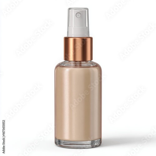 Clear glass bottle with rose gold pump dispenser filled with liquid foundation makeup isolated on white background