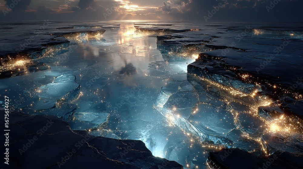 Fototapeta premium Subglacial rivers of glowing liquid flow beneath geometric ice, casting surreal refractive light patterns for science concepts.