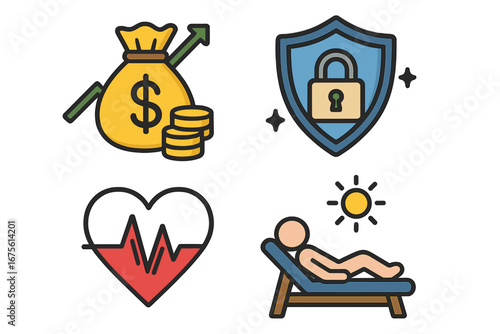Financial growth and security icon set. Healthcare, life insurance, and retirement plan concept. Wealth management, investment, health, and relaxation vector symbols collection.