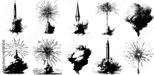 Vintage firework celebration collection with hand-drawn engraving style for festive design