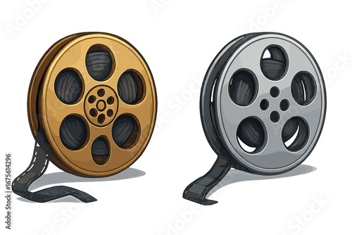 Set of film reel icons. Golden vintage retro style and modern silver movie reel side-by-side. Cinema symbol for film history, movie production or festival. Vector illustration.