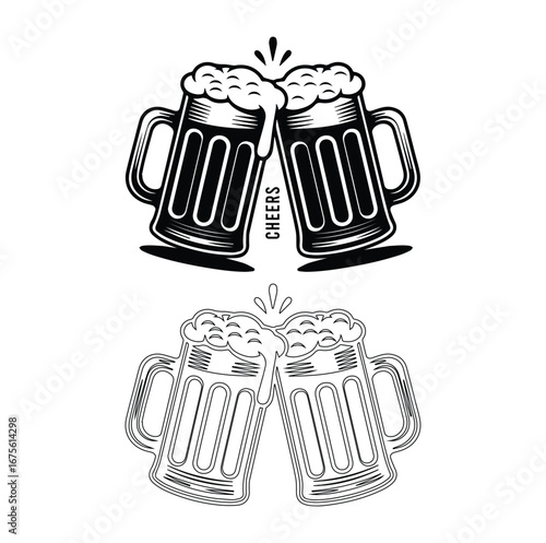 Two beer mugs clinking with foam in a black silhouette