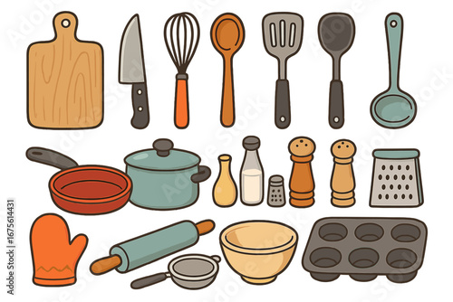 Vector cartoon kitchen utensils set. Cooking and baking tools collection. Kitchenware icons for culinary food preparation. Pot, pan, knife, whisk, rolling pin, bowl icons.
