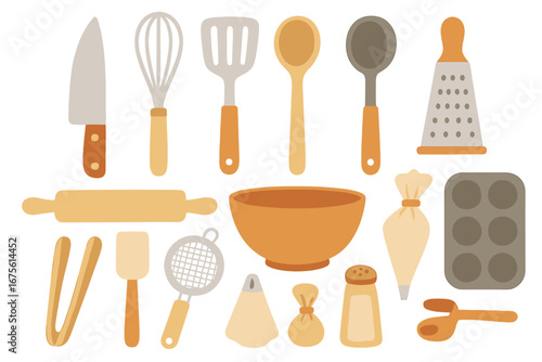 Kitchen tools and cooking utensils set for culinary and baking preparation. Flat vector icon collection with knife, whisk, spatula, rolling pin, bowl. Isolated on white.