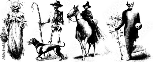 Forgotten halloween monsters collection engraving – vintage hand-drawn silhouettes for holiday design