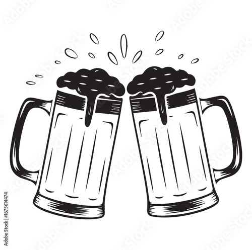 Two beer mugs clinking with foam in a black silhouette