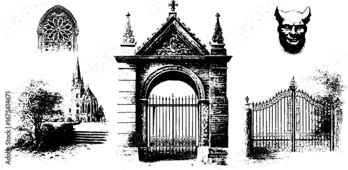 Gothic architecture details collection with engraved designs and elements