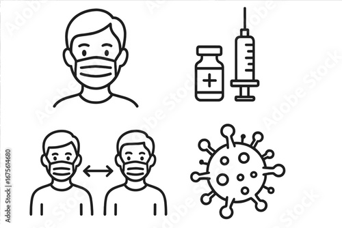 Pandemic safety icons set. Health protection concept with face mask, vaccine, social distancing and virus symbol. Covid-19 prevention line drawing vector illustration.