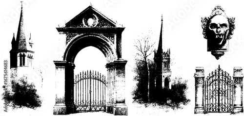 Gothic architecture engravings collection featuring arches, spires, and sculptural details