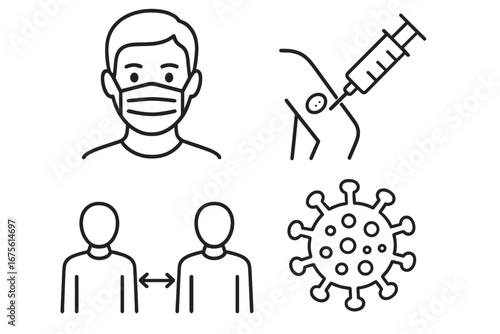 Pandemic safety protocols icons set. Line art of face mask, vaccination, social distancing, coronavirus symbol. Health and disease prevention vector illustration for infographic.