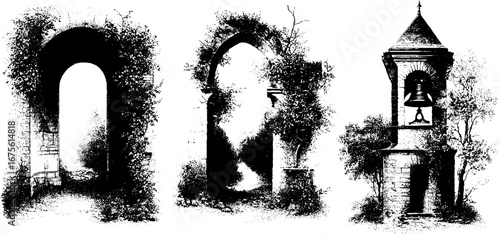 Gothic chapel ruins engraving collection: arches and bell tower for historical design and art projects