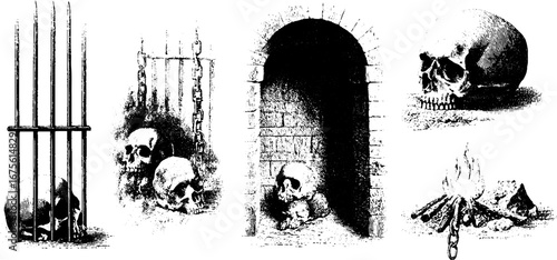 Gothic dungeon cellar collection with skulls and iron gates - vintage engraving design