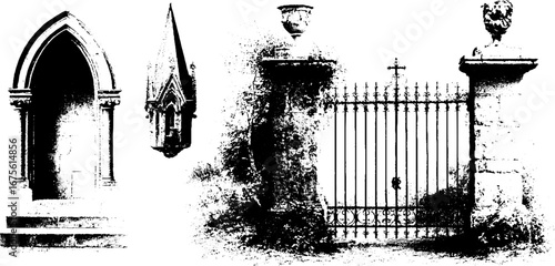 Gothic architecture elements collection featuring pointed arch, tower, and gate for design inspiration