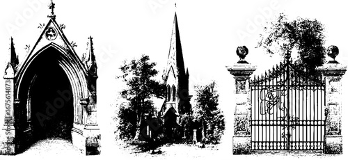Gothic architecture elements collection featuring pointed arches and ornate gates for design projects