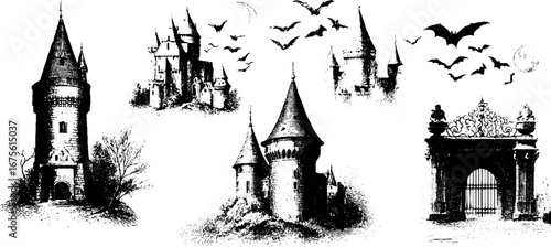 Gothic vampire castle collection in vintage engraving style for design and decor