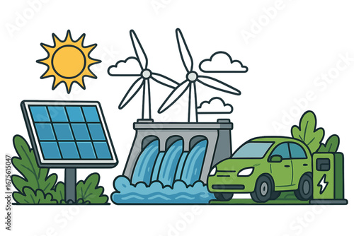 Green energy concept. Sustainable technology sources. Cartoon vector with solar panel, wind turbine, hydroelectric power dam and electric car charging. Eco friendly future.