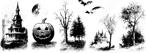 Spooky halloween night collection with carved pumpkins and haunting landscapes