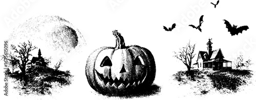Halloween night engraving collection with carved pumpkin and haunted houses