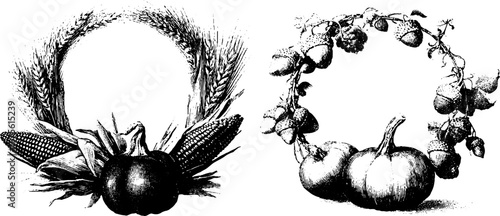 Vintage harvest wreaths collection featuring wheat, corn, and pumpkin engravings for seasonal decor