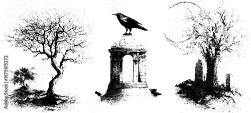 Haunted autumn night scene with bare trees and crow on gravestone for halloween design