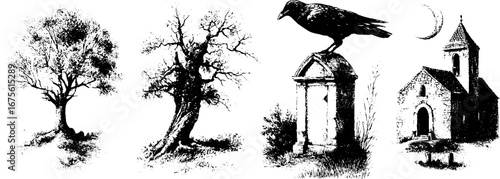 Haunted autumn night collection of bare trees and gothic scenes for halloween decor