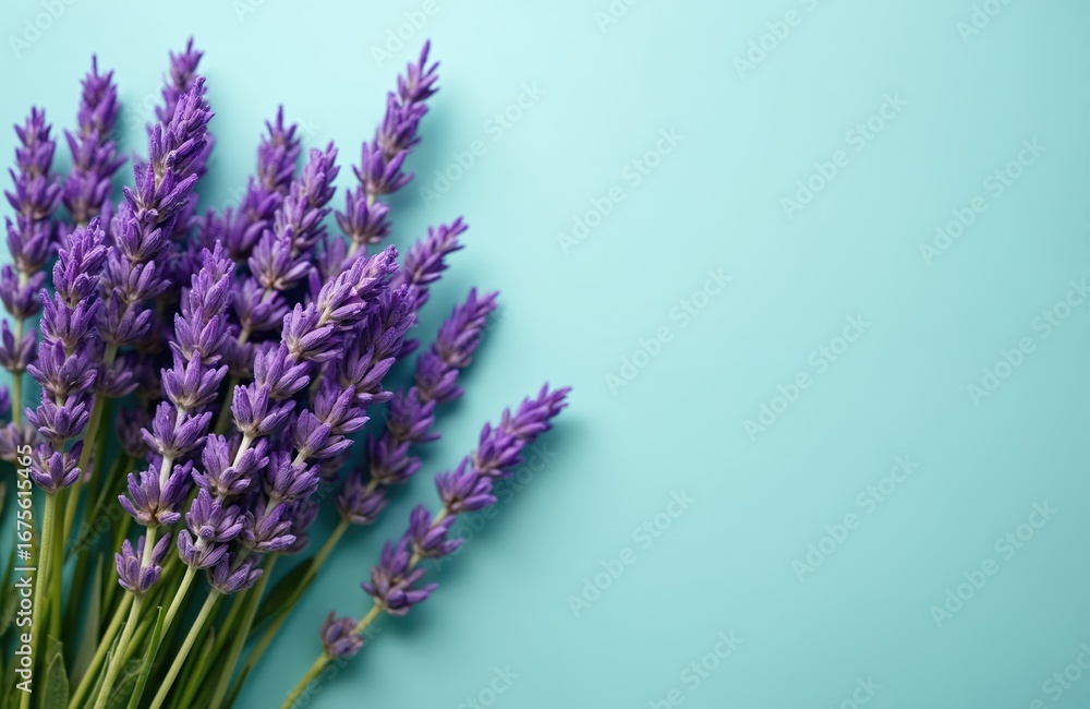 Obraz premium Bunch of vibrant purple lavender flowers with green stems against light teal background. Macro photography captures delicate bloom, natural beauty of aromatic herb, perfect for summer, spring themes.