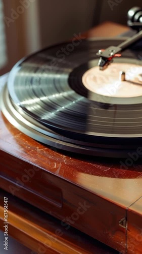A classic record player with wooden cabinet and vinyl records.