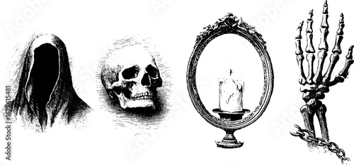 Vintage haunted spirits collection featuring shrouded figures and skeletal elements for halloween designs