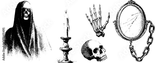 Engraving collection of haunted spirits with shrouded figures and gothic elements for halloween decor