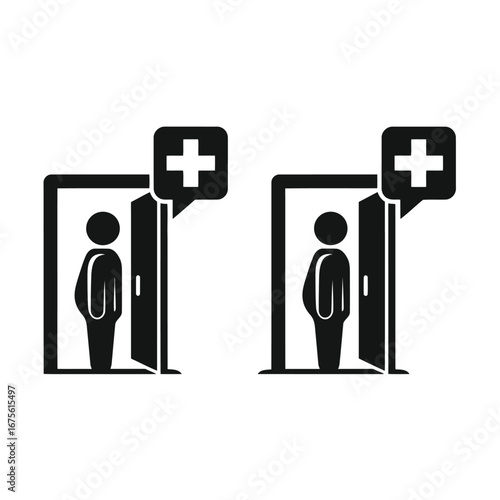 Vector illustration of medical clinic visit icon, patient entering or leaving the hospital