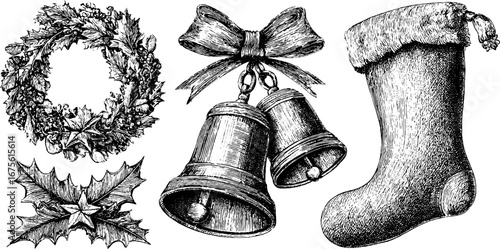 Vintage holiday symbols collection with wreath bells stocking and holly for seasonal design