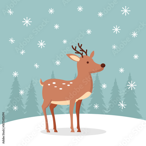 cute deer in winter snow with snowflakes vector cartoon illustration