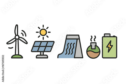 Renewable energy sources icon set. Wind turbine, solar panel, hydropower, geothermal, and battery storage. Green power and sustainability concept. Vector cartoon illustration.