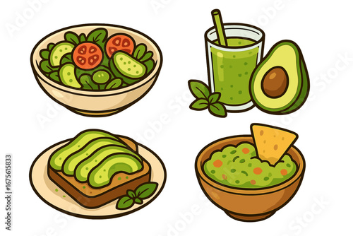 Collection of avocado dishes. Guacamole, avocado toast, salad, smoothie. Healthy food concept. Vegan, vegetarian diet meal. Fresh natural organic food vector cartoon illustration.