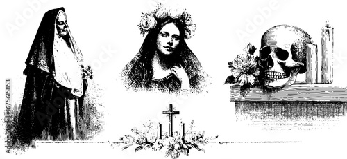 Mexican legends collection: la llorona, skull, and candle silhouettes