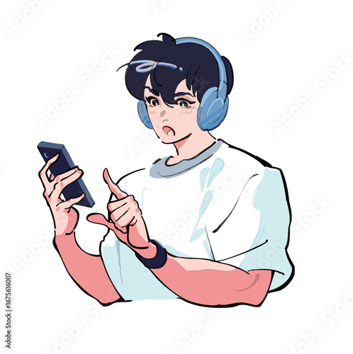 ヘッドフォンで音楽を聴きながらスマホを見ている男性のアイコンイラスト　ひらめき　発見