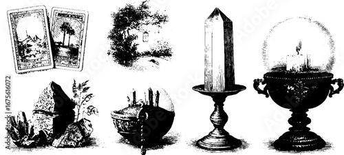 Mystical tarot tools collection featuring crystals and candles for spiritual practices and divination