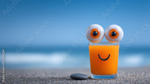 Cheerful glass of orange juice with playful eyes and smile sits on sandy beach with smooth stone nearby, bright and fun
