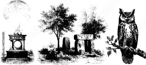 Mystical autumn scenery collection featuring engraved owl and stone monuments for design and decor