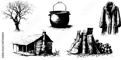 Vintage winter peasant household elements collection - woodcut illustrations for design