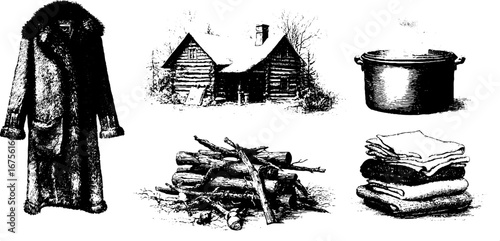 Rustic winter peasant life: household items and scenes for design and print