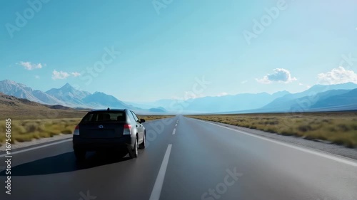 An empty two-lane highway cutting through a barren desert. A clear blue sky overhead, with just a few clouds visible.