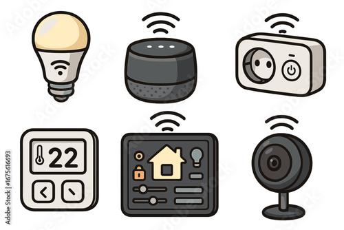 Smart home automation vector icon set. IoT devices for modern living. Includes smart speaker, camera, thermostat, light bulb, and plug for convenient remote control system.