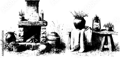 Rustic autumn household scene with fireplace and pottery for home decor inspiration