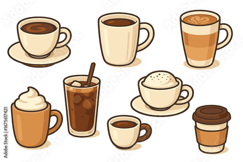 Variety of coffee cup designs showcasing different styles and popular types of coffee drinks in a clean minimalist vector cartoon illustration with transparent background
